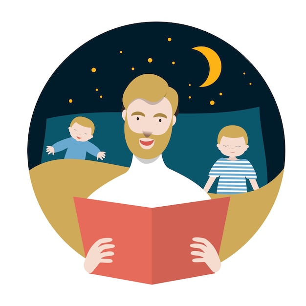 Vector padre leyendo un libro de cuentos de hadas a sus hijos en la noche hora de acostarse ilustración vectorial