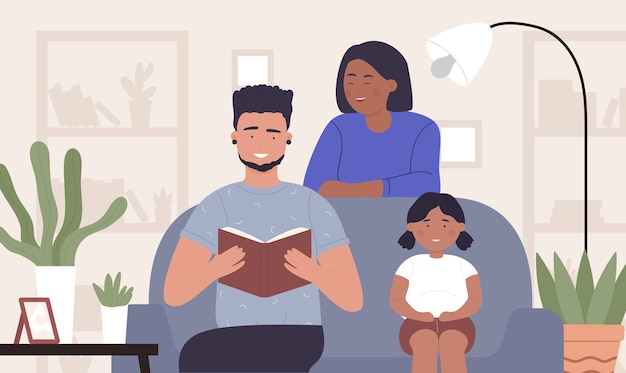 Vector padre leyendo un libro para la familia