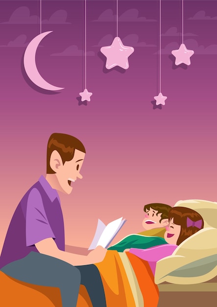 Vector un padre leyendo a sus dos hijas en la cama