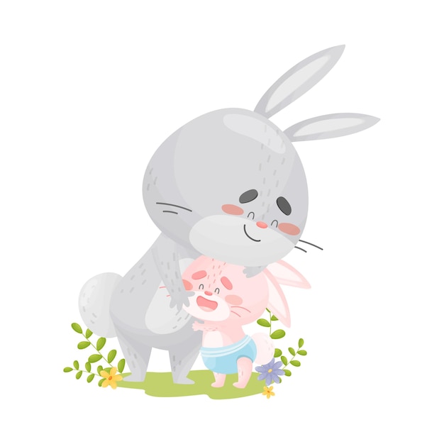 El padre de la liebre gris abraza a la pequeña hija rosa Ilustración vectorial sobre un fondo blanco