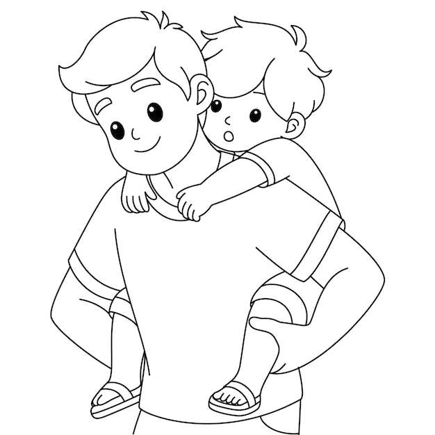El padre lleva en la espalda al niño a jugar página de colorear ilustración vectorial de día del padre