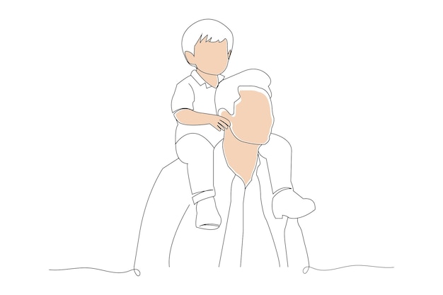 Padre llevando a su hijo en sus hombros vector de contorno continuo aislado en fondo blanco