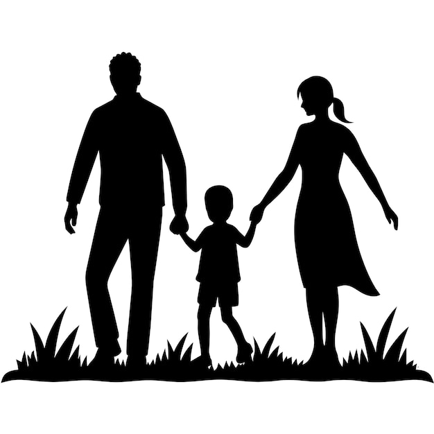 un padre, una madre y un hijo caminando por la hierba disfrutando de un feliz momento familiar