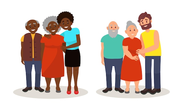 Padre y madre de pie con hijos adultos como familias de diferentes nacionalidades Conjunto de ilustraciones vectoriales