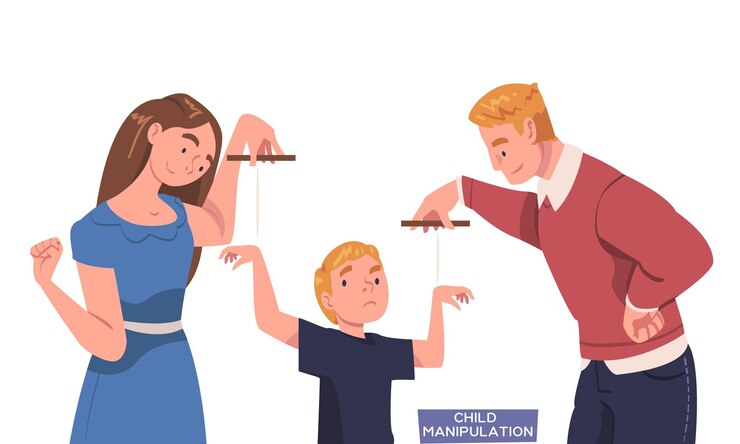 Vector padre y madre tirando de cuerdas manipulando a su hijo como comunicación problemática y malentendido entre padres e hijos ilustración vectorial