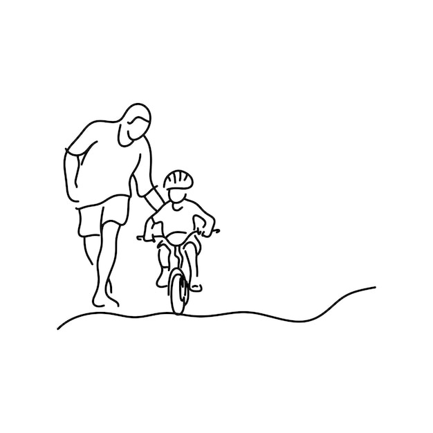 padre minimalista enseñando a su hija con casco de seguridad para montar una ilustración vectorial de bicicleta