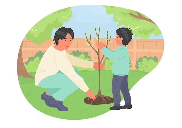 Padre con niño plantando árboles. primavera. familia feliz trabajando en el jardín.