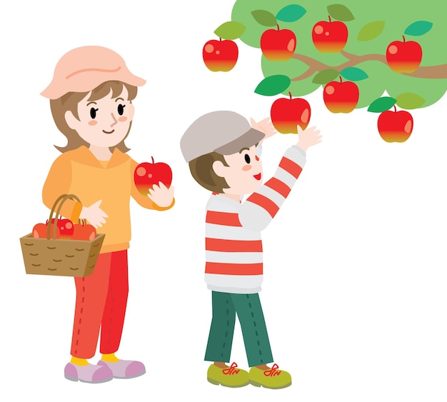 Un padre y un niño que recogen manzanas.