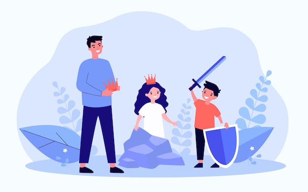 Padre o maestro y niños ensayando para jugar en la escuela. niño con espada y escudo, niña con corona ilustración vectorial plana. familia, entretenimiento, concepto de club de drama para banner, diseño de sitios web