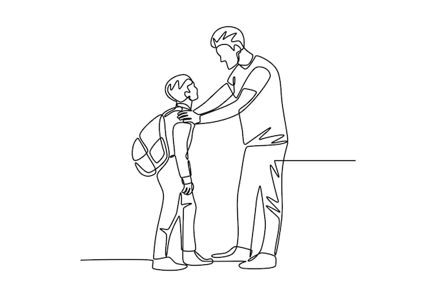 Padre orgulloso llevando a su hijo a la escuela despidiéndose de sus hijos concepto dibujo en línea