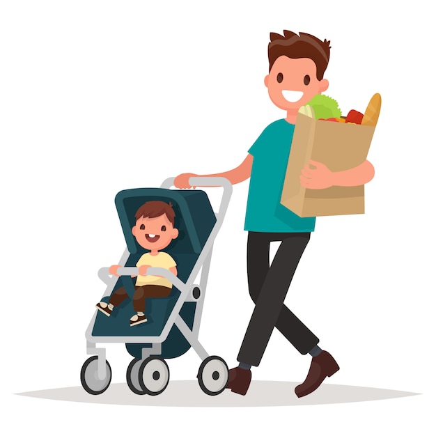 Padre con un paquete de productos y un niño pequeño en el cochecito. Ilustración vectorial en un estilo plano