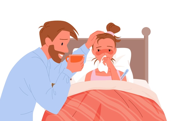 Padre, porción, de, enfermo, hija, niño, mentira en cama, vector, ilustración, caricatura, papá, carácter, tenencia, m