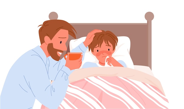 Padre, porción, de, hijo enfermo, niño, mentira en cama, papá, tenencia, taza, sentado, por, bedside