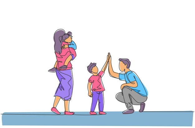 Un padre que dibuja una sola línea chocando los cinco con su hijo mientras la madre carga con un vector a su hija somnolienta