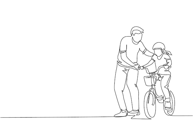 Un padre que dibuja una sola línea enseñando a su hija a andar en bicicleta en un vector gráfico de un parque público