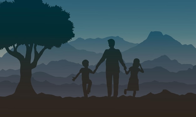 padre sosteniendo la mano de su hijo y su hija ilustración vectorial para el día del padre