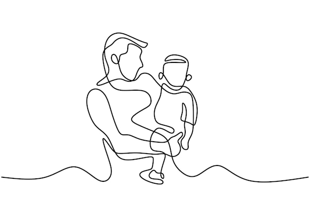 Padre sosteniendo a su hijo pequeño una línea dibujada a mano continua boceto de arte estilo minimalista concepto de tiempo familiar feliz ilustración de diseño vectorial aislado sobre fondo blanco