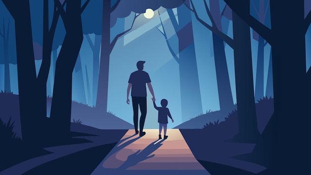 Vector un padre sostiene una linterna en una mano y sus hijos en la otra mientras navegan en una oscuridad