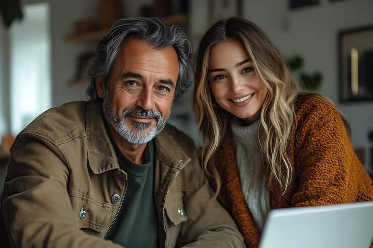 Vector un padre y su hija felices trabajando juntos