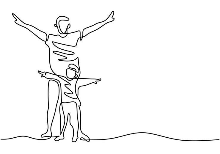 Padre y su hijo dibujo continuo de una línea Un joven papá y su hijo están juntos en la misma pose aislados en fondo blanco Padre de familia feliz y niño pequeño Tema del día del padre