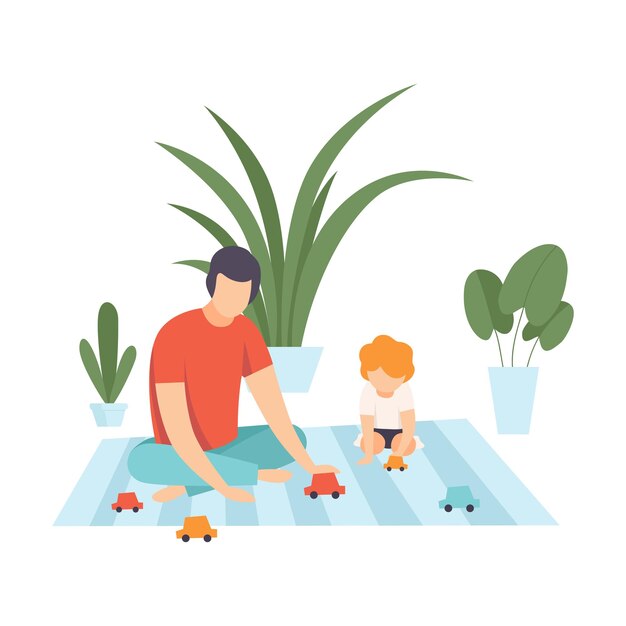 Padre con su hijo jugando con una familia de coches de juguete en la vida cotidiana en el hogar Ilustración vectorial en fondo blanco