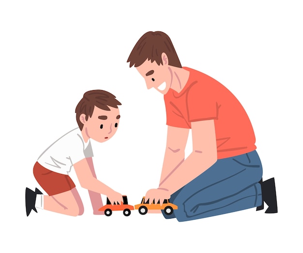 Padre y su hijo sentados en el suelo jugando a los coches de juguete padre y su hijo teniendo un buen tiempo juntos