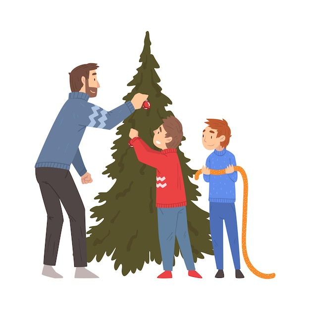 Padre y sus dos hijos decorando el árbol de Navidad juntos Familia celebrando el año nuevo víspera de Navidad Ilustración vectorial