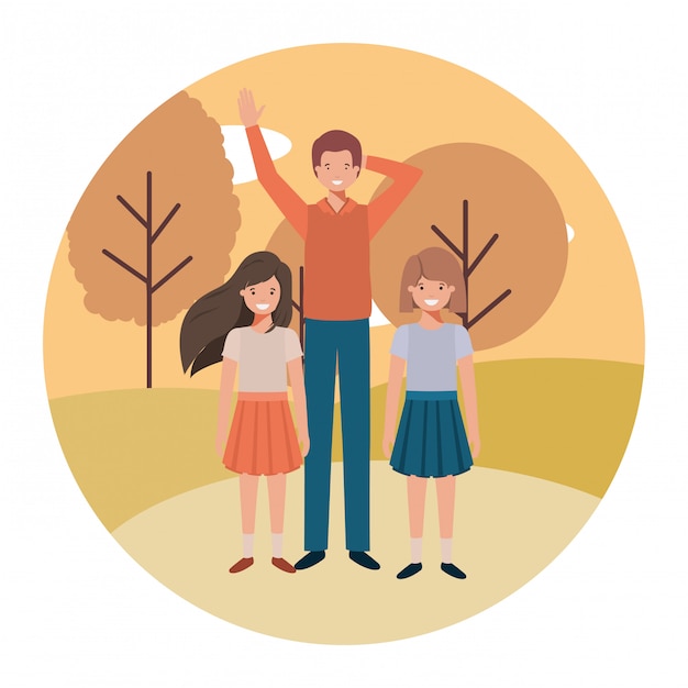 Vector padre con sus hijos en el paisaje avatar personaje