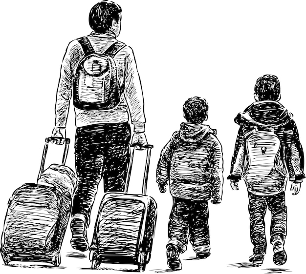 El padre con sus hijos pequeños va a un viaje.