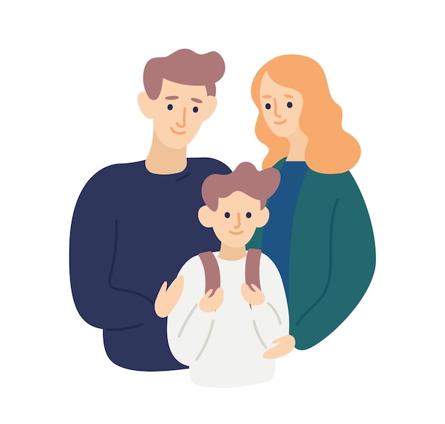 Los padres abrazan y apoyan al niño en su primer día en la escuela. Madre y padre cuidan y aman a su hijo. Retrato de familia feliz. Escena de crianza, unión. Ilustración de dibujos animados de vector plano.