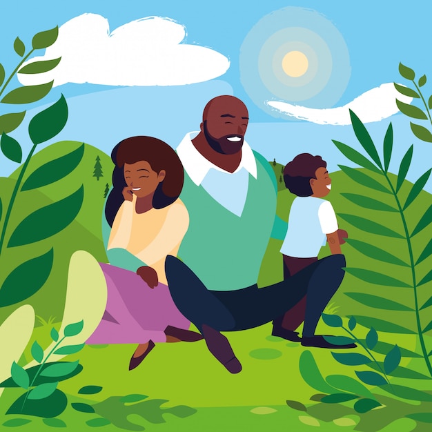 Padres afro con familia hijo en paisaje soleado