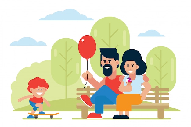 Vector padres alegres con globo y helado mirando hijo montando patineta. familia positiva pasar tiempo juntos ilustración