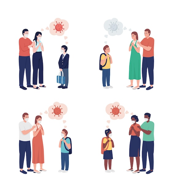 Padres ansiosos por el carácter vectorial de color semi plano del coronavirus. Figura familiar. Gente de cuerpo entero en blanco. Después de covid aislado ilustración moderna de estilo de dibujos animados para diseño gráfico y animación