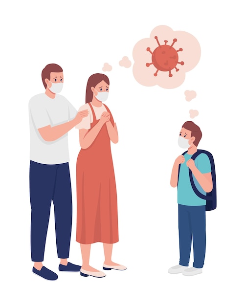Los padres ansiosos despiden a su hijo carácter vectorial de color semi plano. Figura familiar. Gente de cuerpo entero en blanco. Después de covid aislado ilustración moderna de estilo de dibujos animados para diseño gráfico y animación