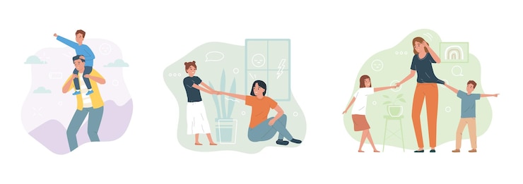 Vector los padres cansados y los iconos planos de los niños molestos establecen ilustraciones vectoriales aisladas