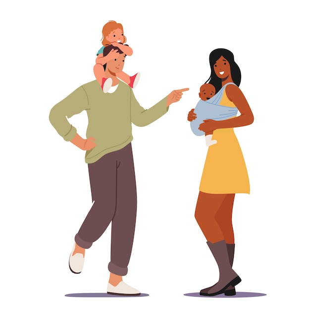 Padres cariñosos multirraciales con bebés. madre y padre caracteres familiares de etnia caucásica y africana con niños en manos aisladas sobre fondo blanco. ilustración de vector de gente de dibujos animados