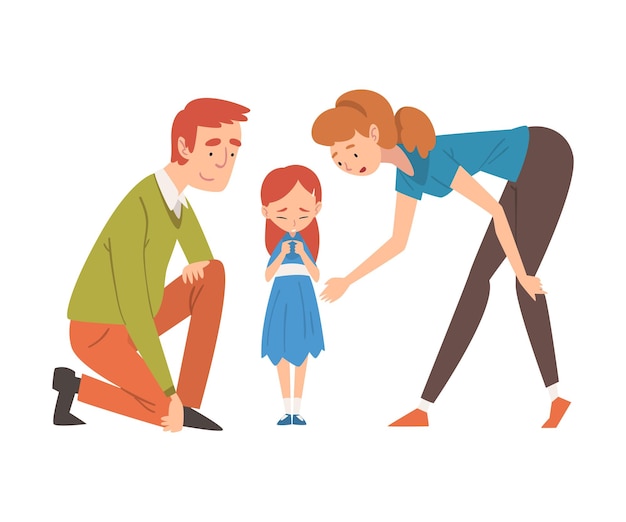 Los padres consuelan a su hija la madre y el padre cuidan del hijo la relación familiar feliz Ilustración vectorial