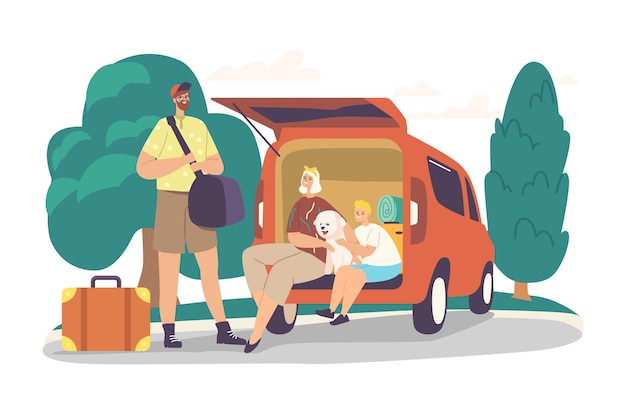 Padres e hijo listos para el viaje por carretera. personajes familiares felices cargando bolsas en el maletero del coche para viajar. madre, padre y niño con perro y equipaje saliendo de casa. ilustración de vector de gente de dibujos animados