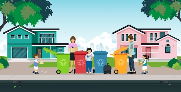 Padres e hijos Clasificación de basura para varios tipos de basura