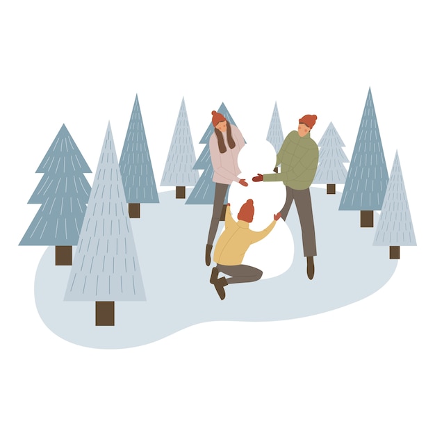 Padres e hijos haciendo muñeco de nieve juntos.