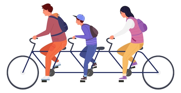Padres e hijos montando bicicleta tándem Familia feliz juntos