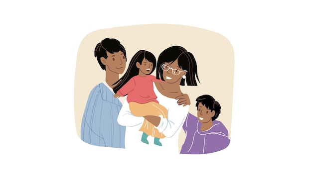 Padres e hijos de personajes familiares negros de dibujos animados planos, concepto de ilustración de vector de familia saludable