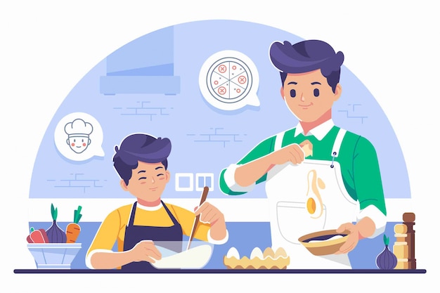 Padres enseñando cocina ilustración de fondo