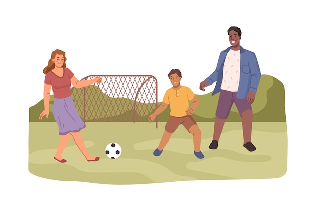 Vector padres de familia felices jugando al fútbol con niños