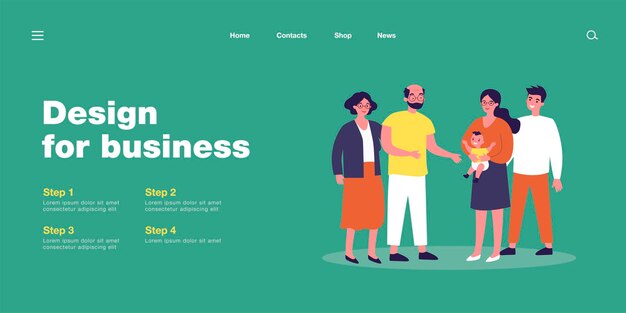 Padres felices mostrando recién nacidos a abuelos. Bebé, abuelo, abuela ilustración vectorial plana. Concepto de familia y paternidad para banner, diseño de sitio web o página web de destino
