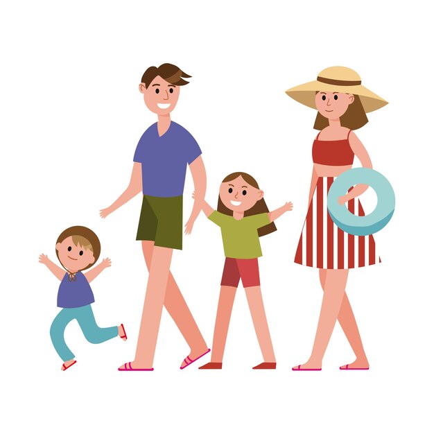 Padres felices con niños en personajes de dibujos animados de vacaciones de verano, vacaciones en la playa vector ilustración aislada sobre fondo blanco