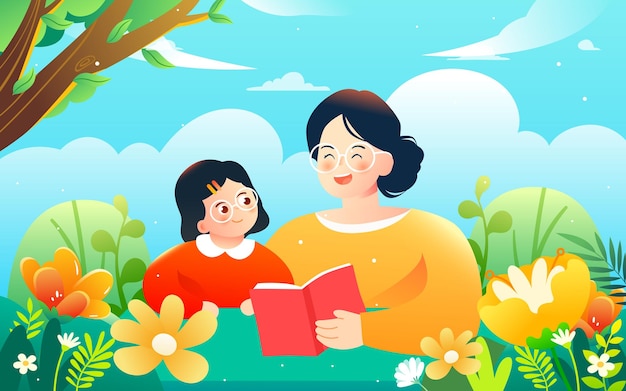 Los padres guían a sus hijos a leer y estudiar, el fondo son varios libros y plantas, vector