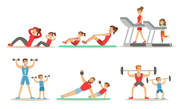 Padres con hijos haciendo ejercicios deportivos en el gimnasio juntos Conjunto de ilustraciones vectoriales aisladas en fondo blanco
