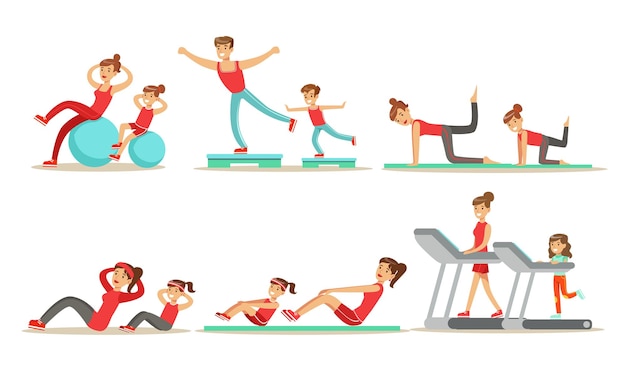 Padres con hijos haciendo ejercicios de fitness juntos Conjunto de ilustraciones vectoriales aisladas en fondo blanco