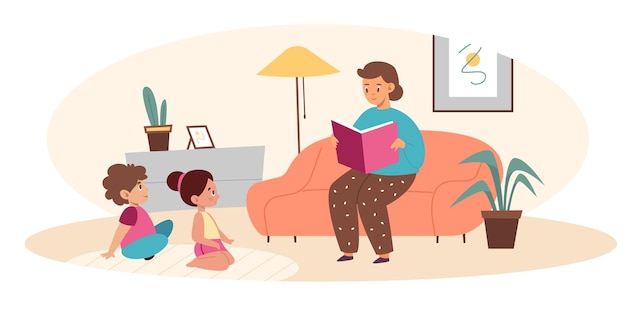 Los padres leen libros a los niños La madre lee un cuento de hadas hijo e hija felices noches familiares personajes de mamá e hijos en el interior de la sala Concepto de vector de literatura de entretenimiento